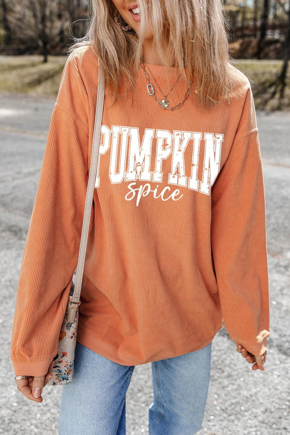 Women Orange Crinkle Ribbed Pumpkin Spice Graphic Crewneck Sweatshirt | Sweatshirts - Image 4