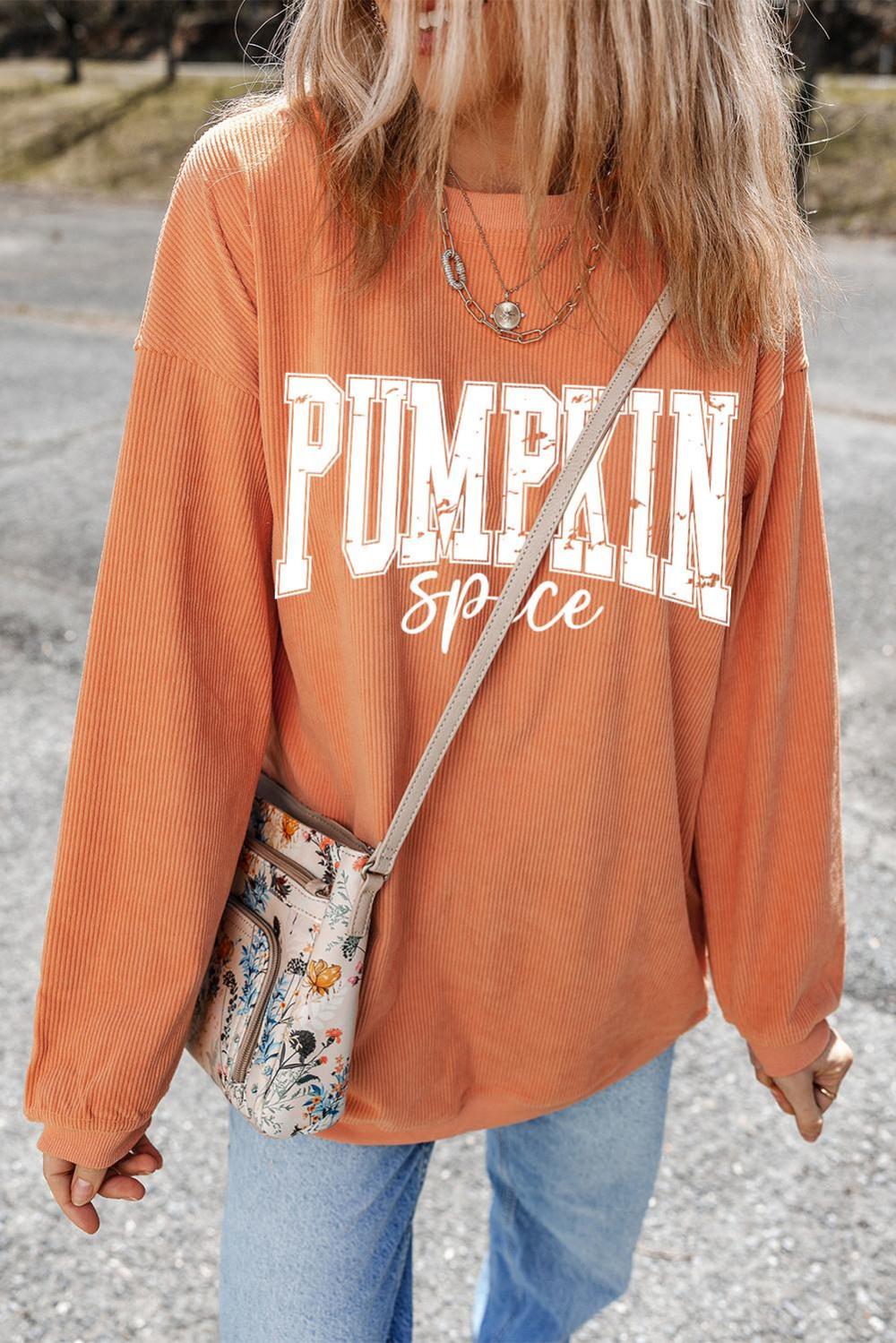 Women Orange Crinkle Ribbed Pumpkin Spice Graphic Crewneck Sweatshirt | Sweatshirts - Image 5