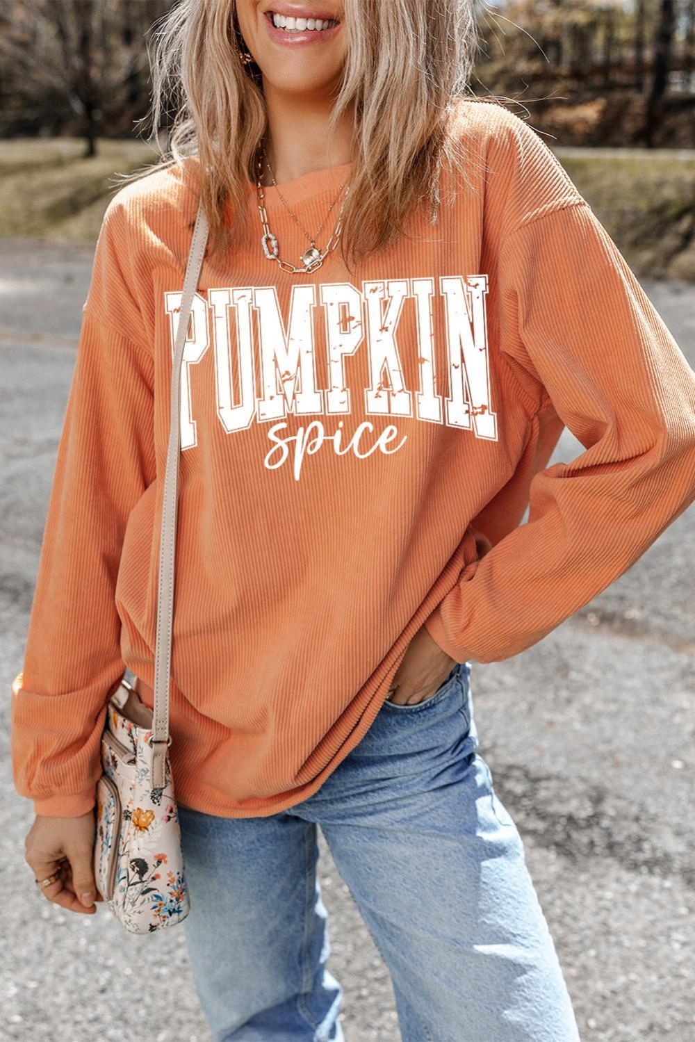 Women Orange Crinkle Ribbed Pumpkin Spice Graphic Crewneck Sweatshirt | Sweatshirts - Image 6