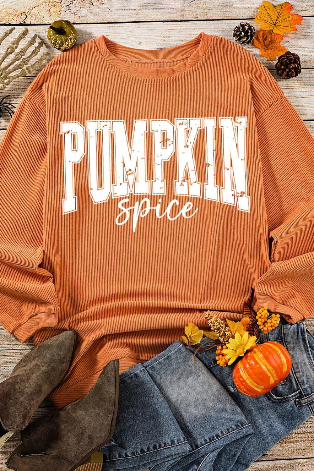 Women Orange Crinkle Ribbed Pumpkin Spice Graphic Crewneck Sweatshirt | Sweatshirts - Image 7