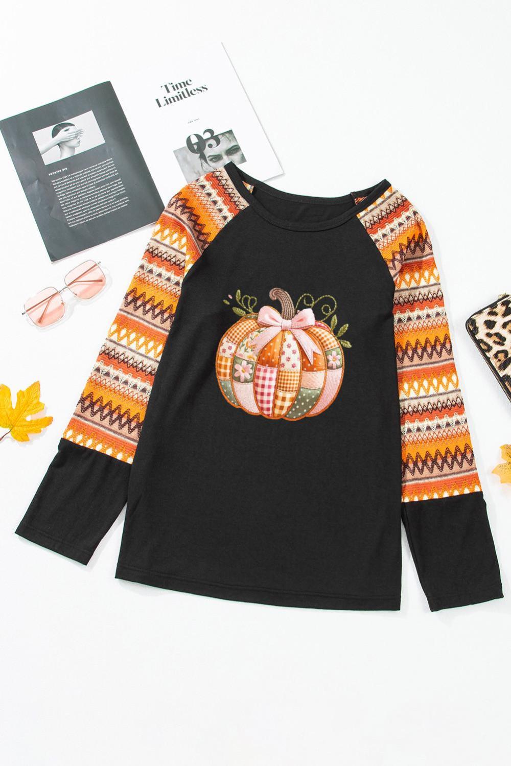 Women Orange Cute Pumpkin Graphic Geo Print Raglan Long Sleeve T Shirt | Tees & Tanks - Image 2