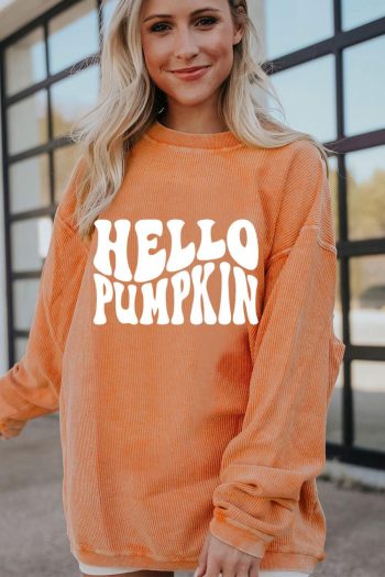 Women Orange Hello Pumpkin Letter Graphic Corded Sweatshirt | Sweatshirts