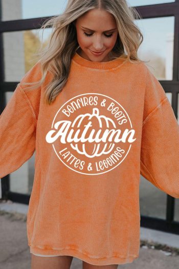 Women Orange Pumpkin Graphic Print Corded Oversized Sweatshirt | Sweatshirts