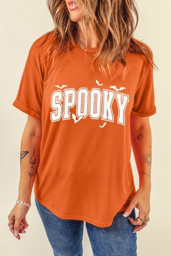 Women Orange Spooky Print Crewneck Halloween T Shirt | Tees & Tanks