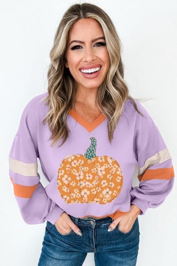 Women Orchid Bouquet Floral Pumpkin Graphic Color Block Sleeve Sweatshirt | Sweatshirts