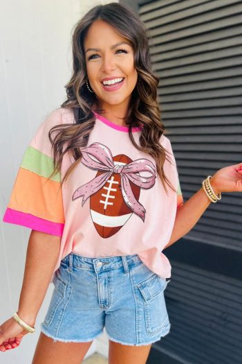Women Pink Colorblock Sleeve Rhinestone Bow Football Print T Shirt | Tees & Tanks