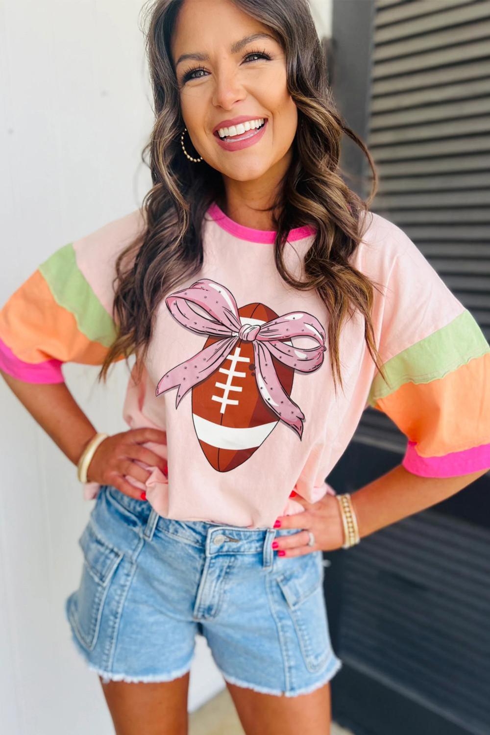Women Pink Colorblock Sleeve Rhinestone Bow Football Print T Shirt | Tees & Tanks - Image 2