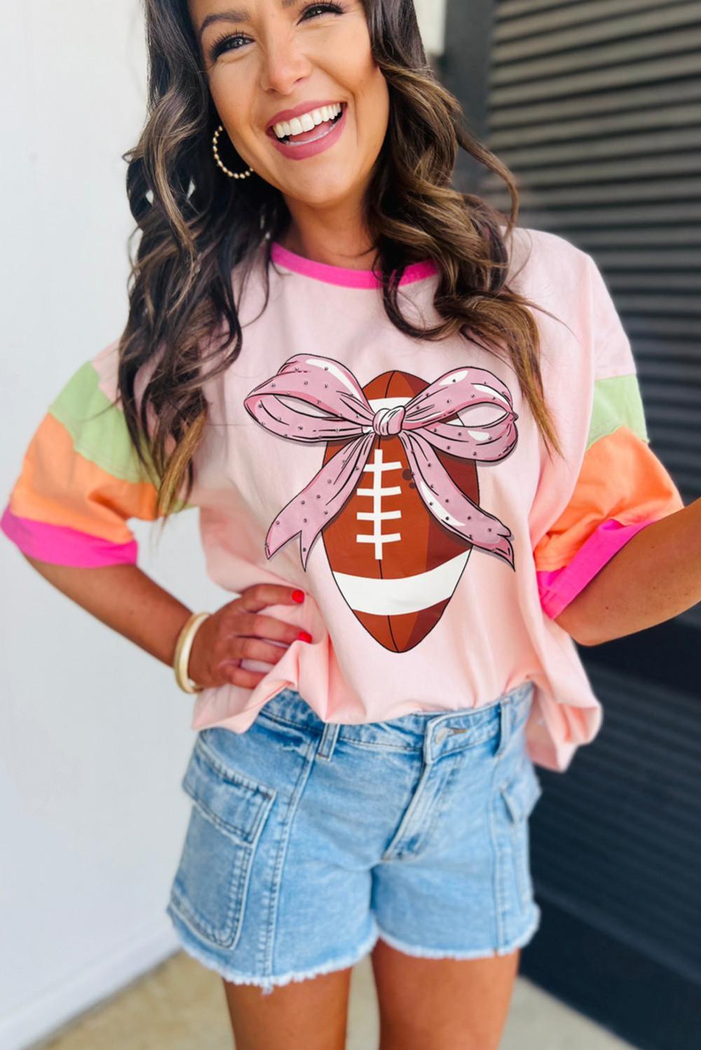 Women Pink Colorblock Sleeve Rhinestone Bow Football Print T Shirt | Tees & Tanks - Image 3