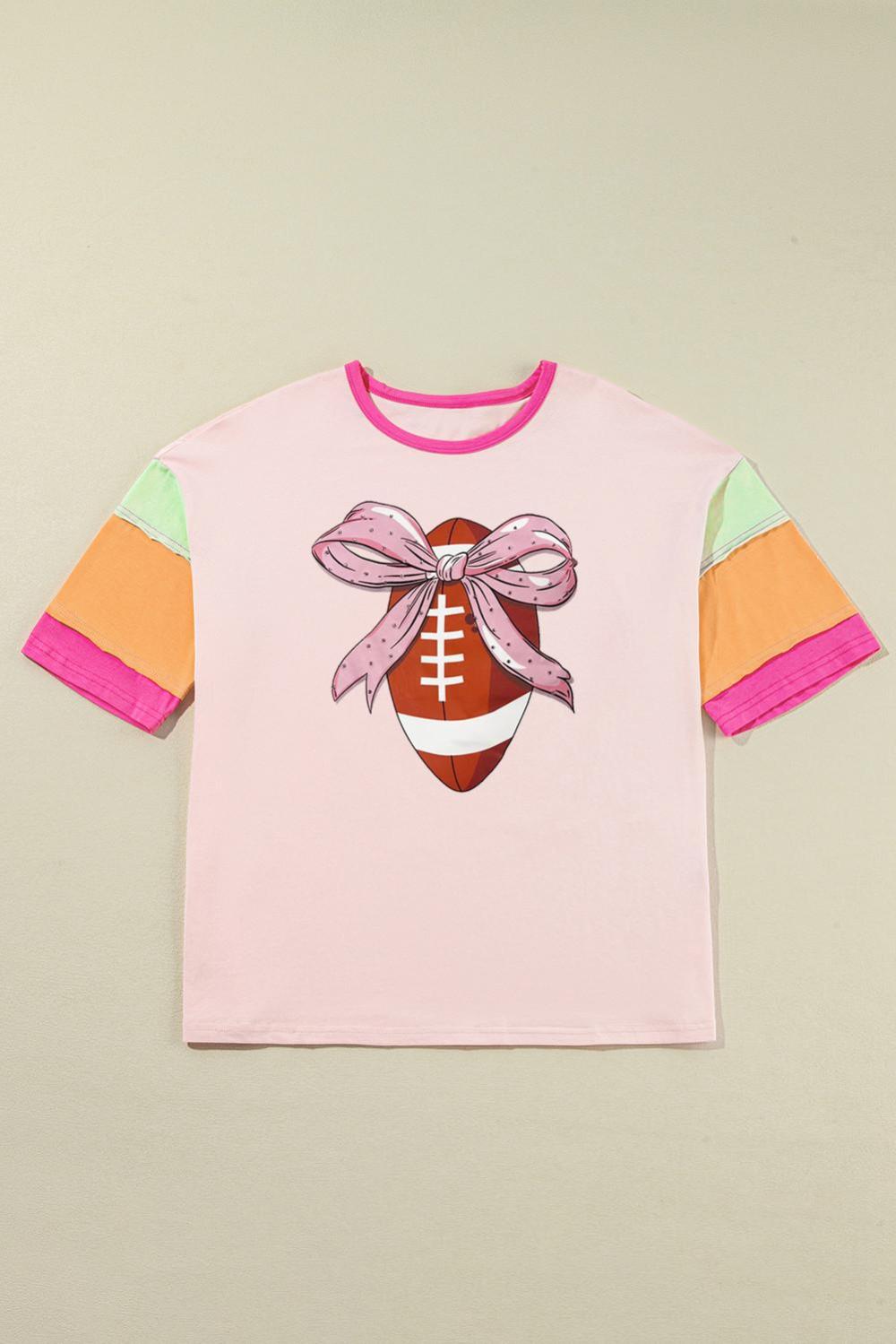 Women Pink Colorblock Sleeve Rhinestone Bow Football Print T Shirt | Tees & Tanks - Image 4