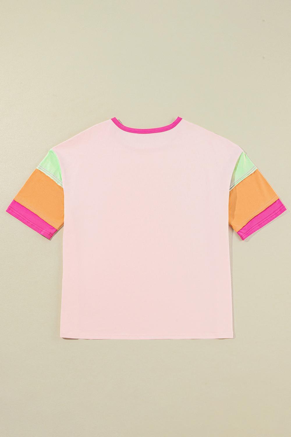 Women Pink Colorblock Sleeve Rhinestone Bow Football Print T Shirt | Tees & Tanks - Image 5
