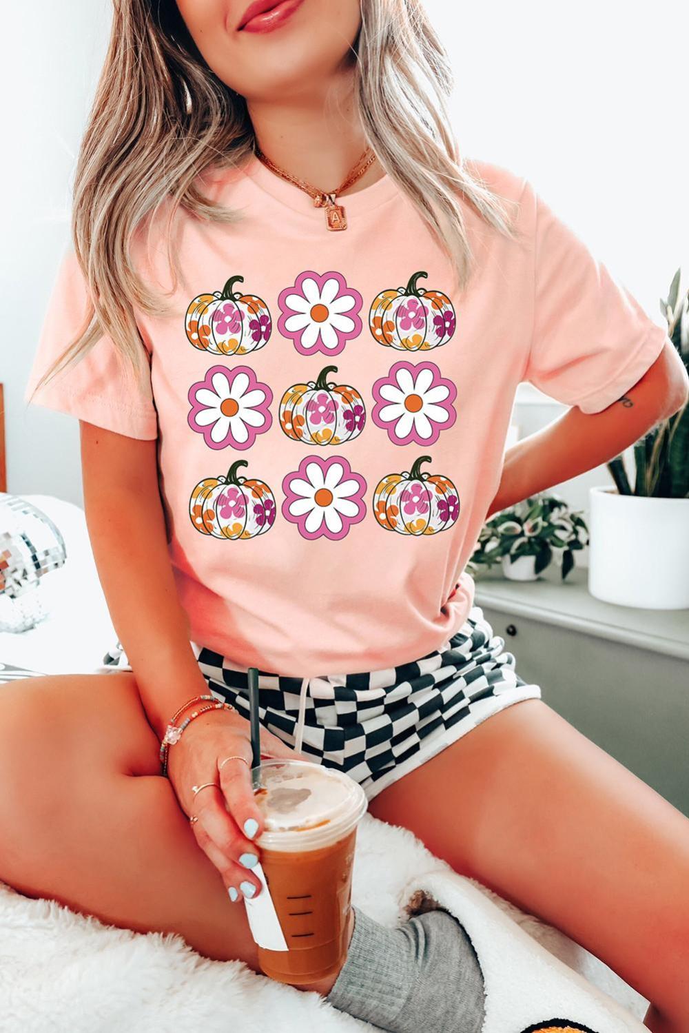 Women Pink Floral Pumpkin Thanksgiving Holiday Funny Graphic T Shirt | Tees & Tanks