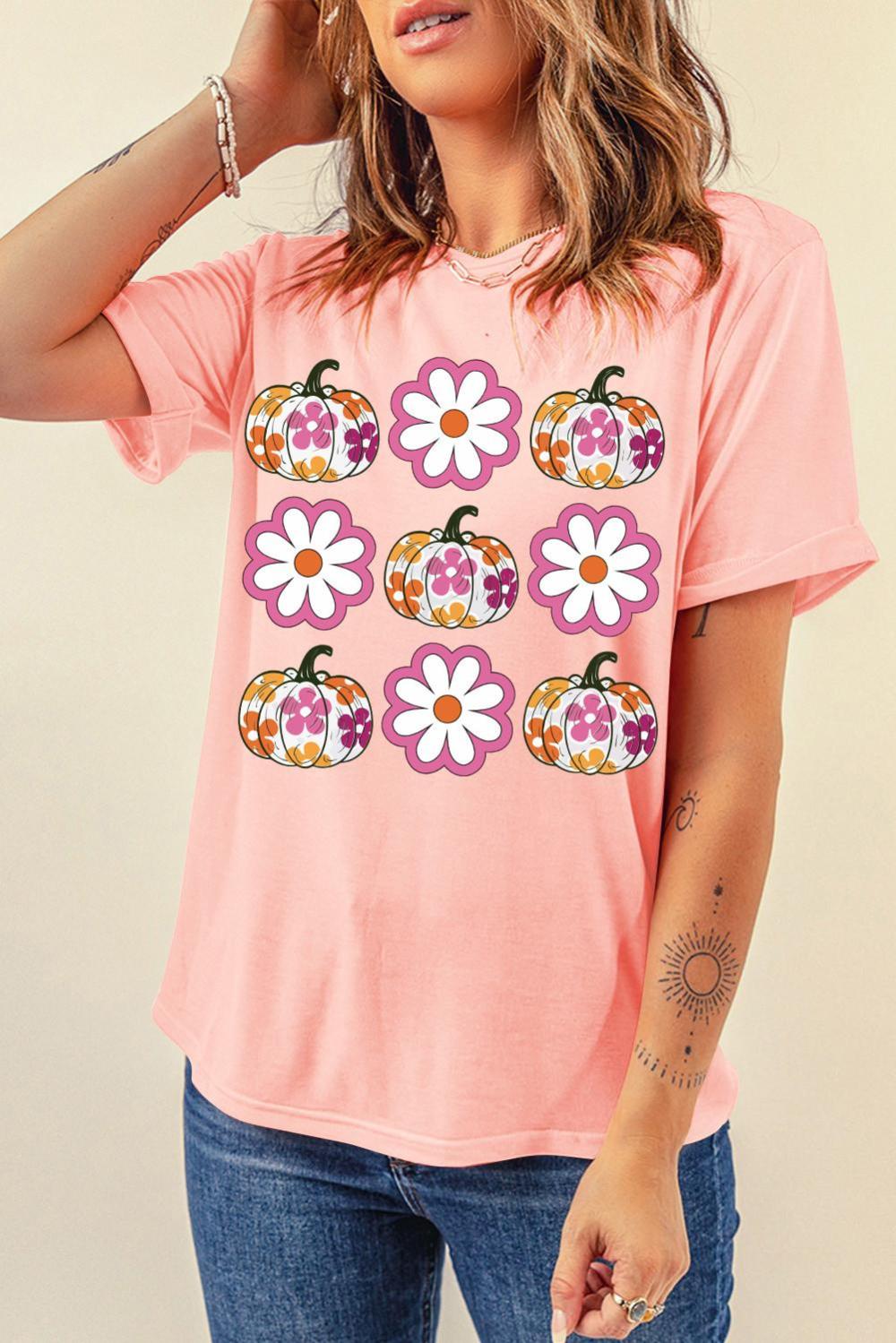 Women Pink Floral Pumpkin Thanksgiving Holiday Funny Graphic T Shirt | Tees & Tanks - Image 2
