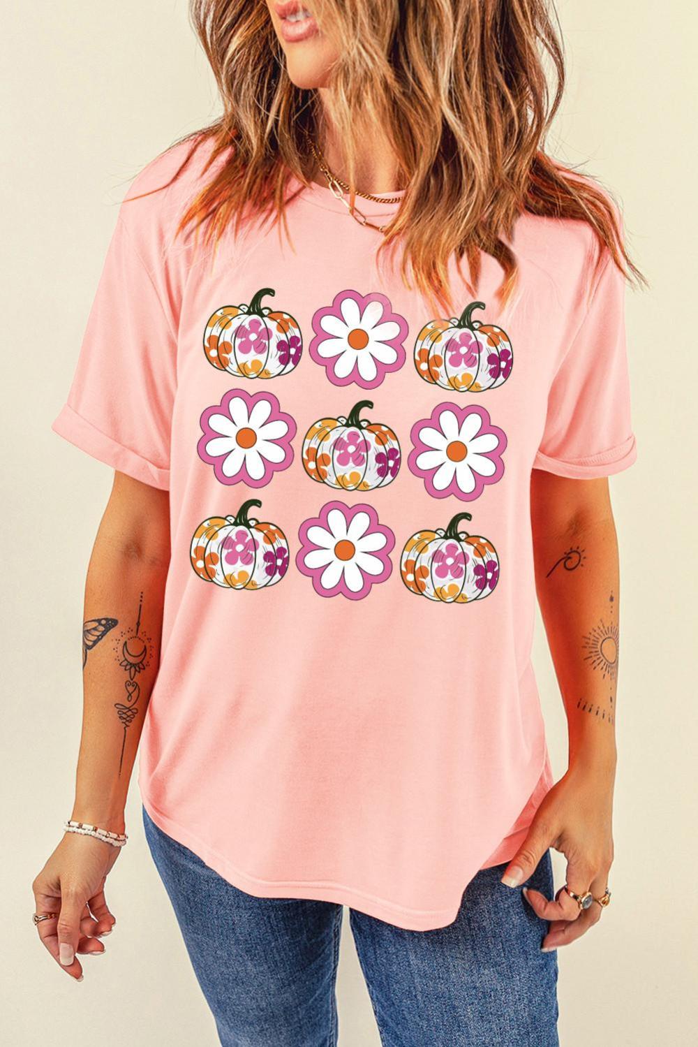 Women Pink Floral Pumpkin Thanksgiving Holiday Funny Graphic T Shirt | Tees & Tanks - Image 4