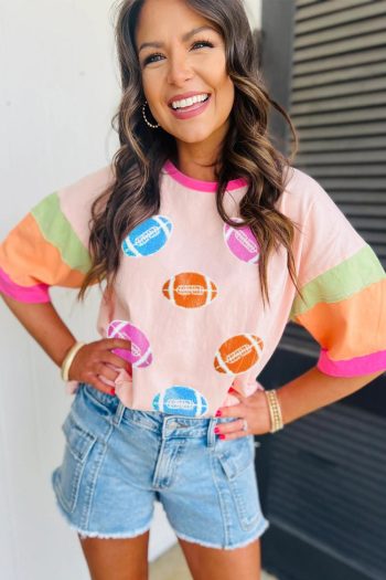 Women Pink Game Day Football Graphic Color Block Sleeve Tee | Tees & Tanks