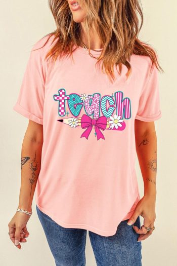 Women Pink Retro Checkered Teach And Bow Pencil Graphic T Shirt | Tees & Tanks