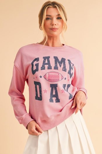 Women Pink Rugby Game Day Graphic Drop Shoulder Sweatshirt | Sweatshirts