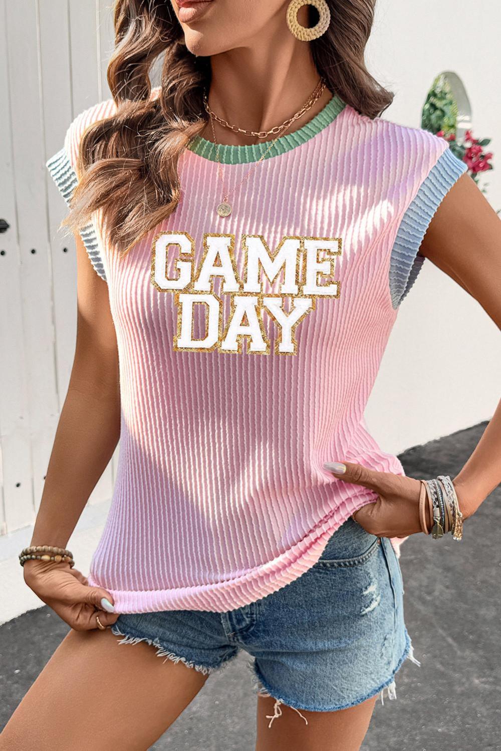Women Pink Sequin Game Day Graphic Corded Rib Knit Colorblock T Shirt | Tees & Tanks