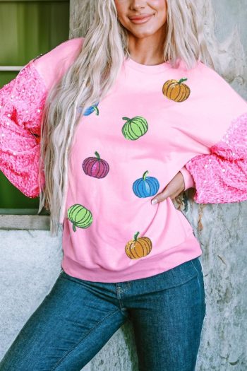 Women Pink Thanksgiving Halloween Pumpkin Pattern Sequin Sleeve Patchwork Pullover Top | Sweatshirts