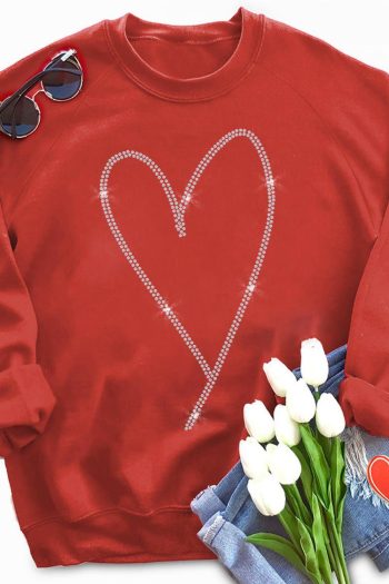 Women Red Casual Rhinestone Heart Shaped Graphic Sweatshirt | Sweatshirts