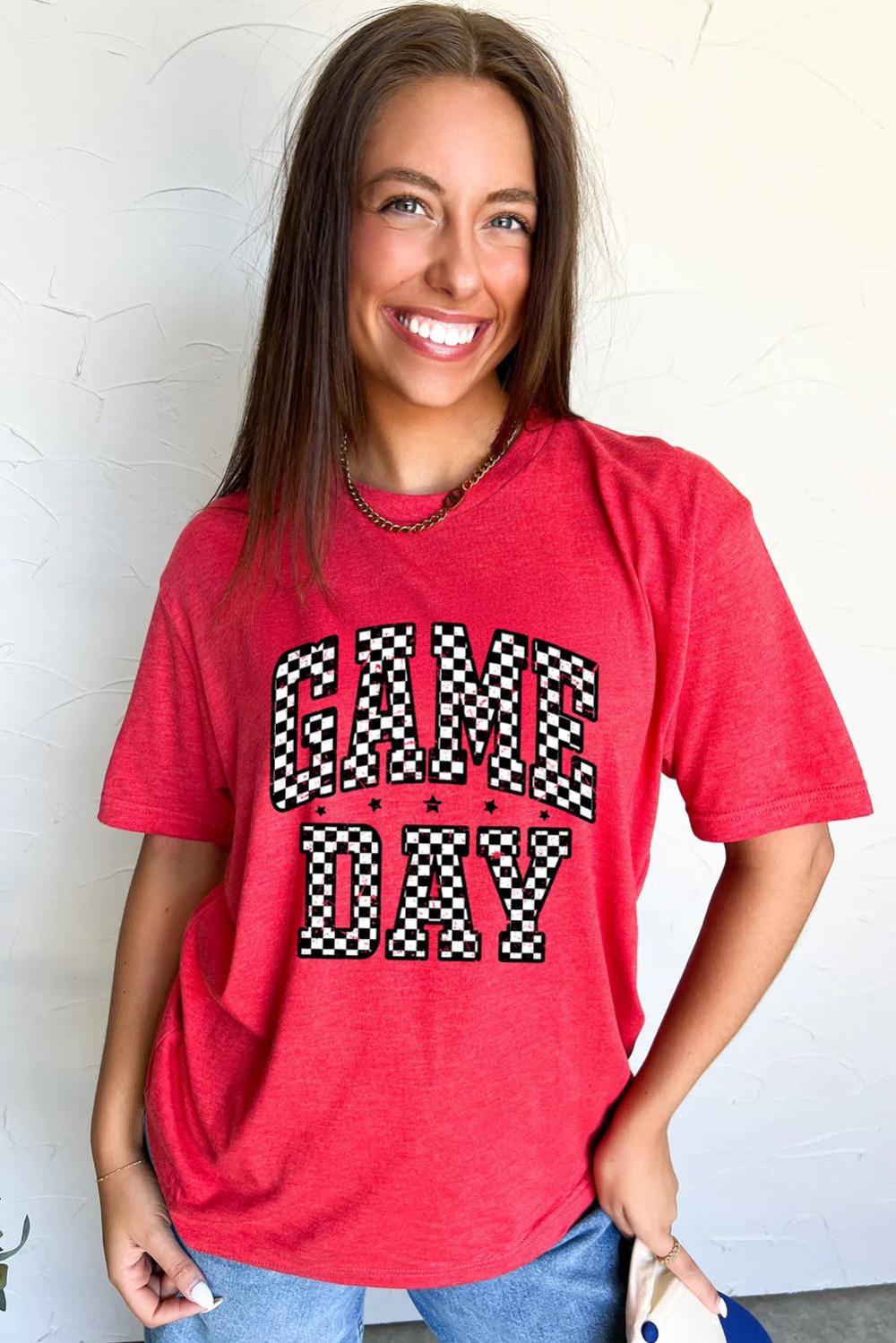 Women Red Checkered Game Day Graphic T Shirt | Tees & Tanks - Image 2
