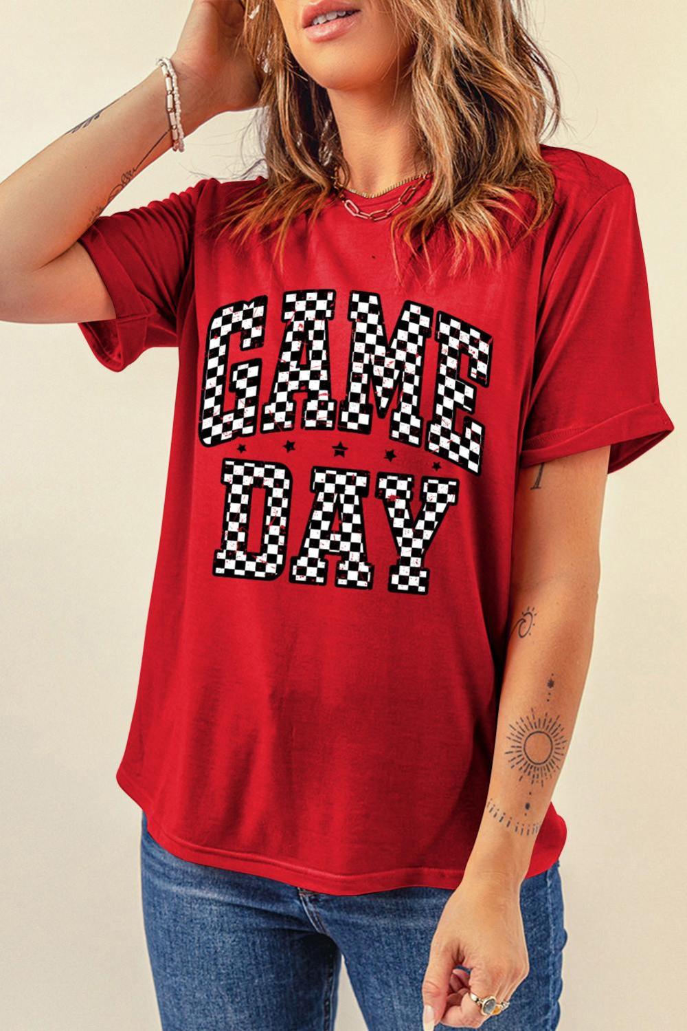 Women Red Checkered Game Day Graphic T Shirt | Tees & Tanks - Image 3