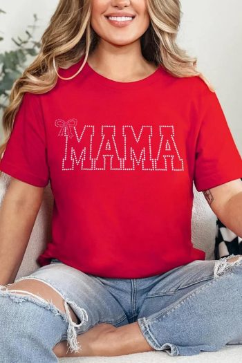 Women Red Mama Bow Knot Pattern Crew Neck Loose Tee | Tees & Tanks