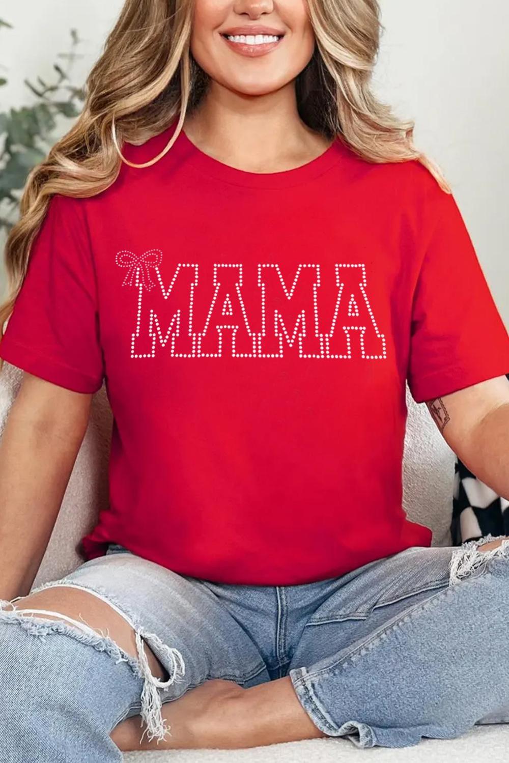 Women Red Mama Bow Knot Pattern Crew Neck Loose Tee | Tees & Tanks