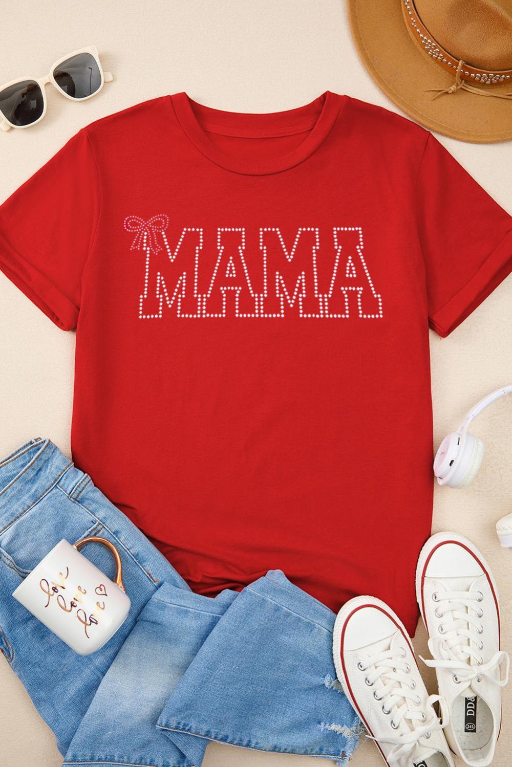 Women Red Mama Bow Knot Pattern Crew Neck Loose Tee | Tees & Tanks - Image 3