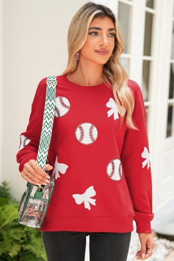 Women Red Sequin Bow And Baseball Graphic Game Day Fashion Sweatshirt | Sweatshirts