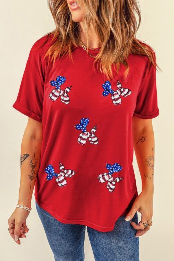 Women Red Sequin Stars And Stripes Balloon Puppy Graphic Crewneck Tee | Tees & Tanks
