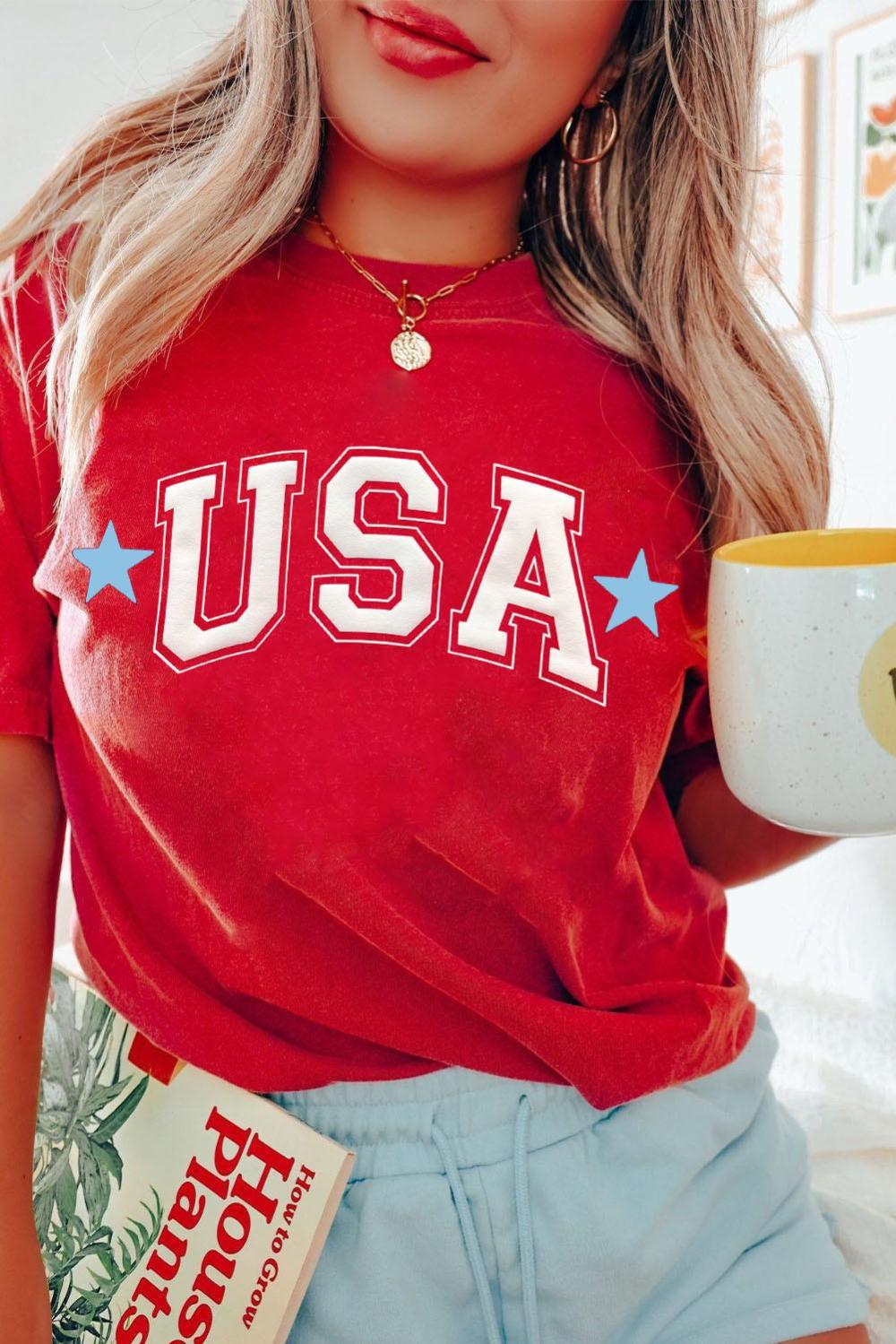 Women Red Star Usa Print Crewneck T Shirt | Tees & Tanks