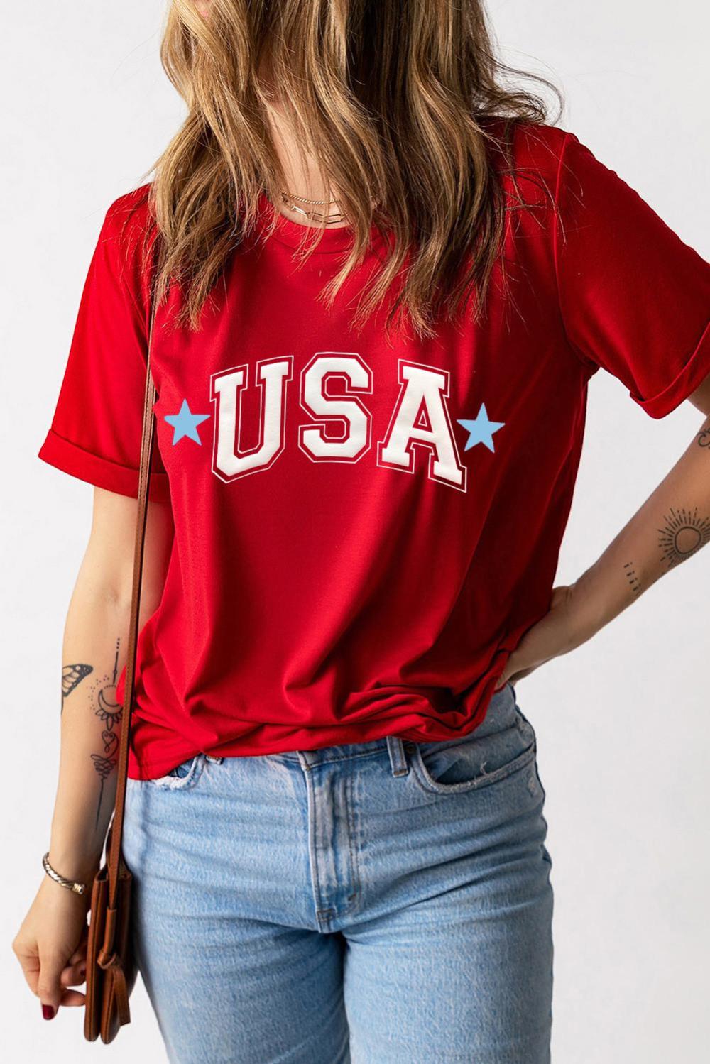 Women Red Star Usa Print Crewneck T Shirt | Tees & Tanks - Image 4