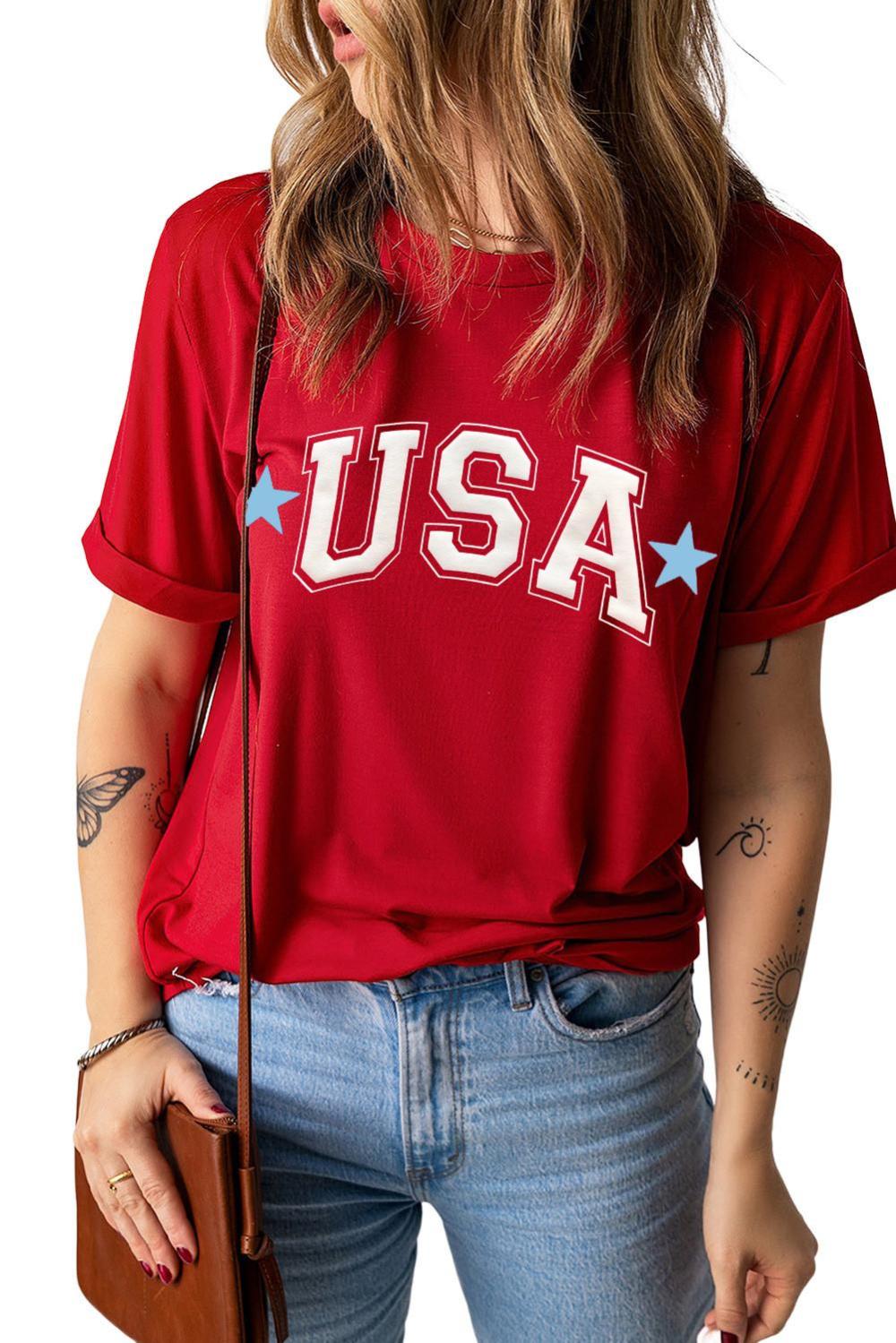 Women Red Star Usa Print Crewneck T Shirt | Tees & Tanks - Image 5