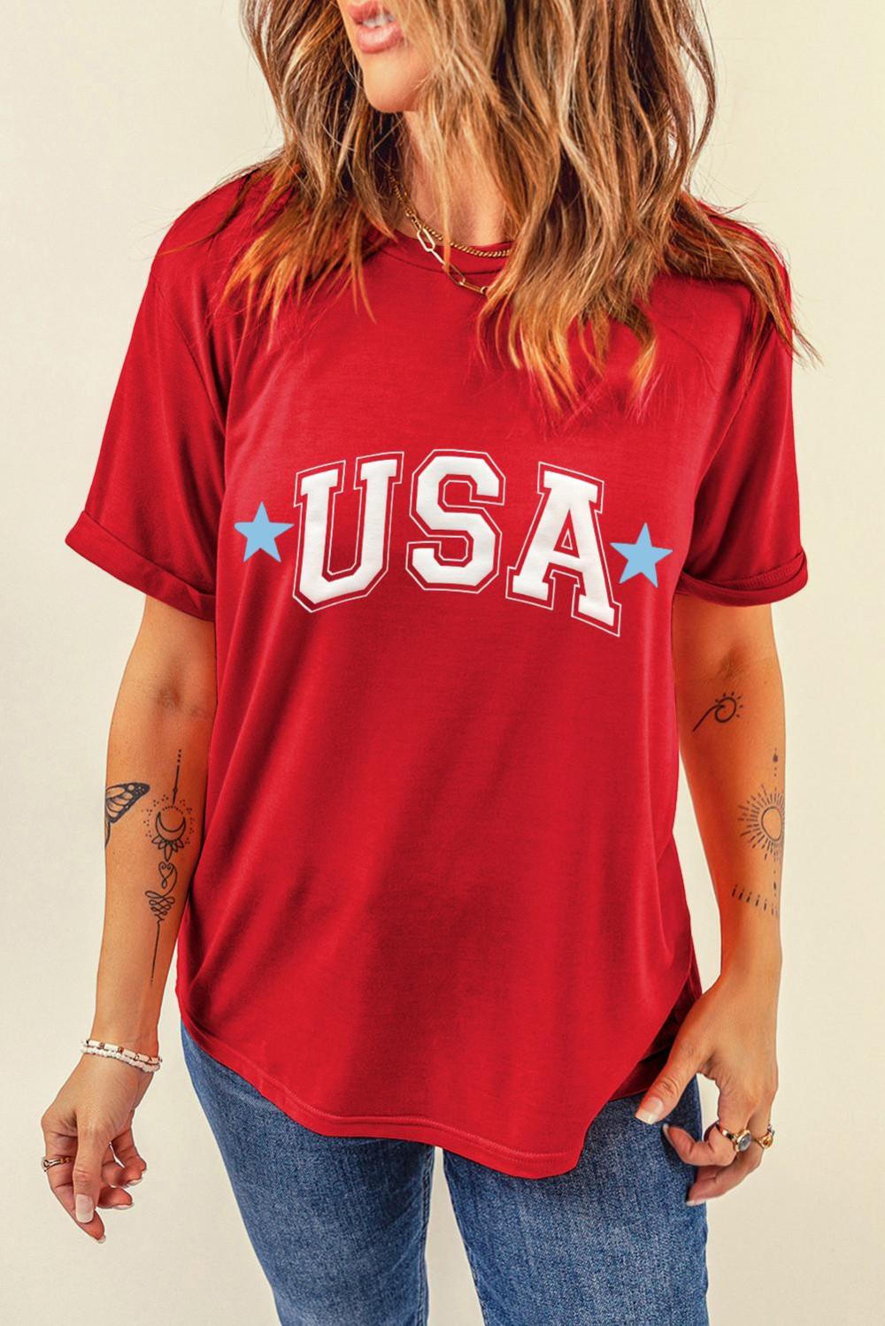 Women Red Star Usa Print Crewneck T Shirt | Tees & Tanks - Image 6