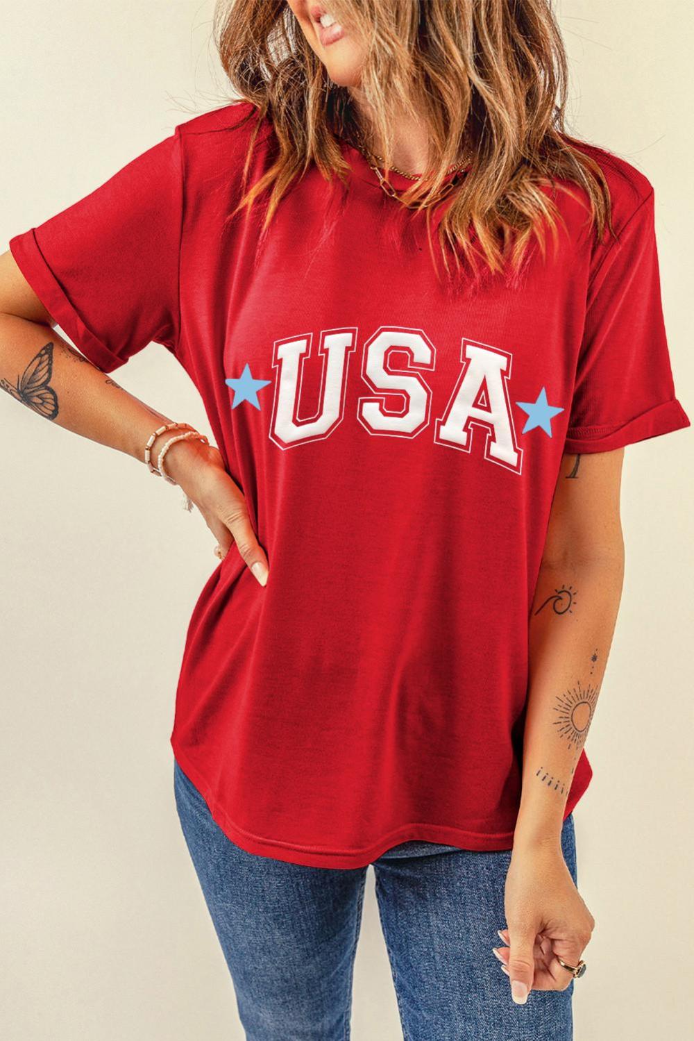 Women Red Star Usa Print Crewneck T Shirt | Tees & Tanks - Image 7