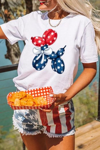 Women White 4th Of July Balloon Dog Graphic Cotton Blend T Shirt | Sweatshirts