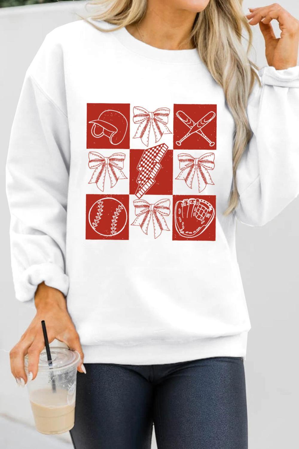 Women White Baseball Fashion Graphic Cotton Blend Casual Sweatshirt | Sweatshirts