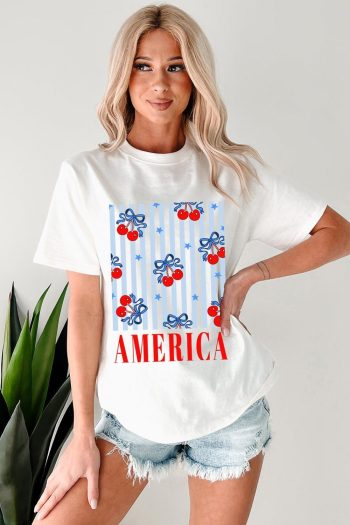 Women White Bow Cherry America Graphic Crewneck Patriotic T Shirt | Tees & Tanks