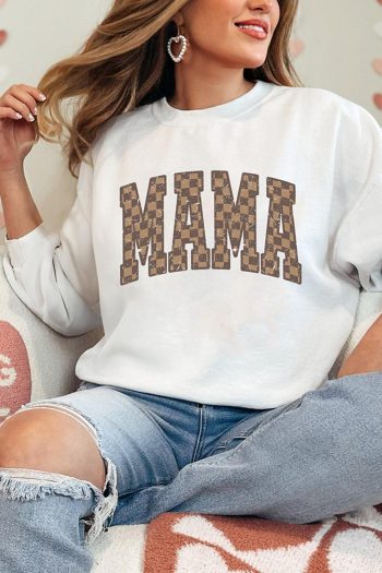 Women White Checkerboard Mama Graphic Drop Shoulder Sweatshirt | Sweatshirts