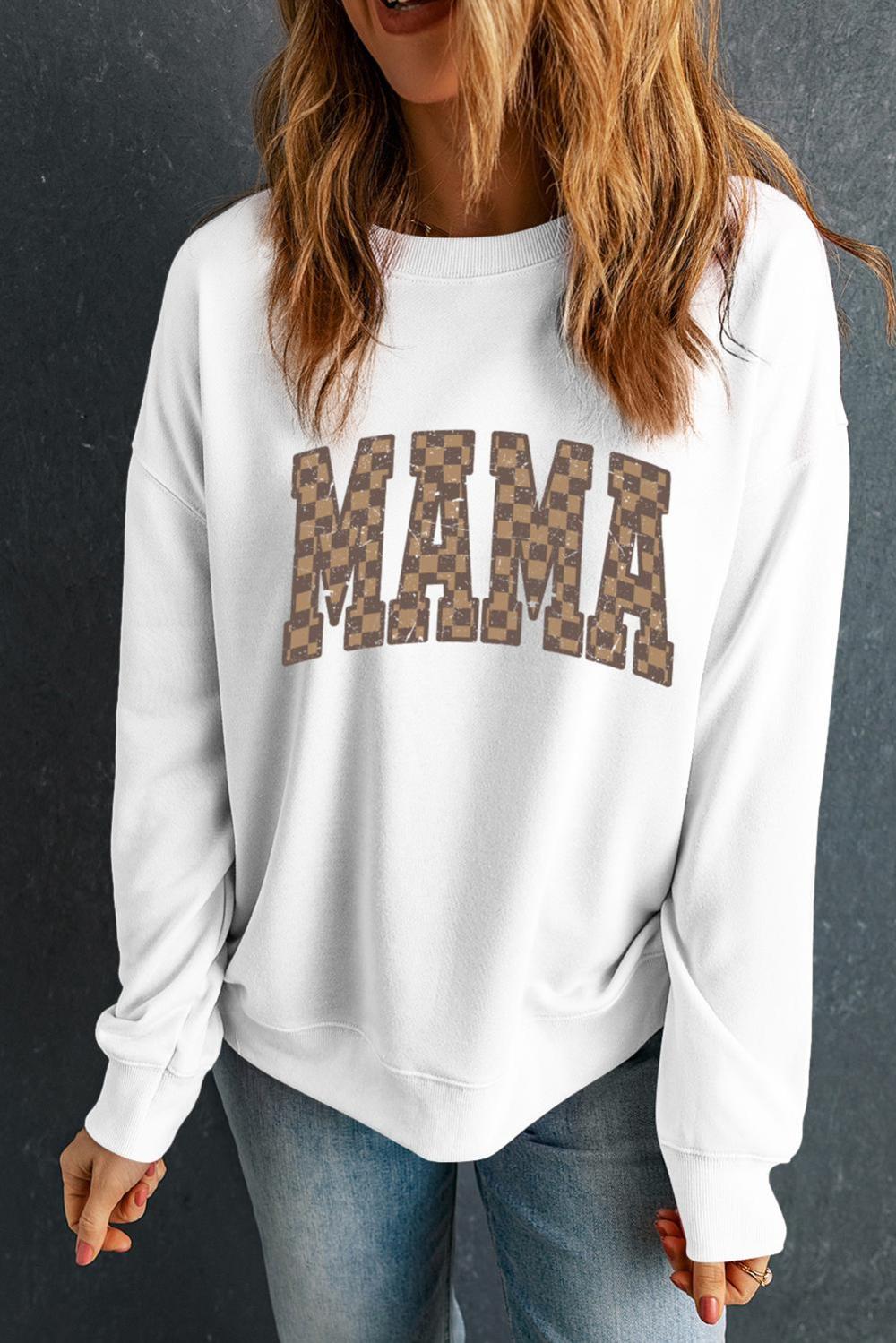 Women White Checkerboard Mama Graphic Drop Shoulder Sweatshirt | Sweatshirts - Image 2