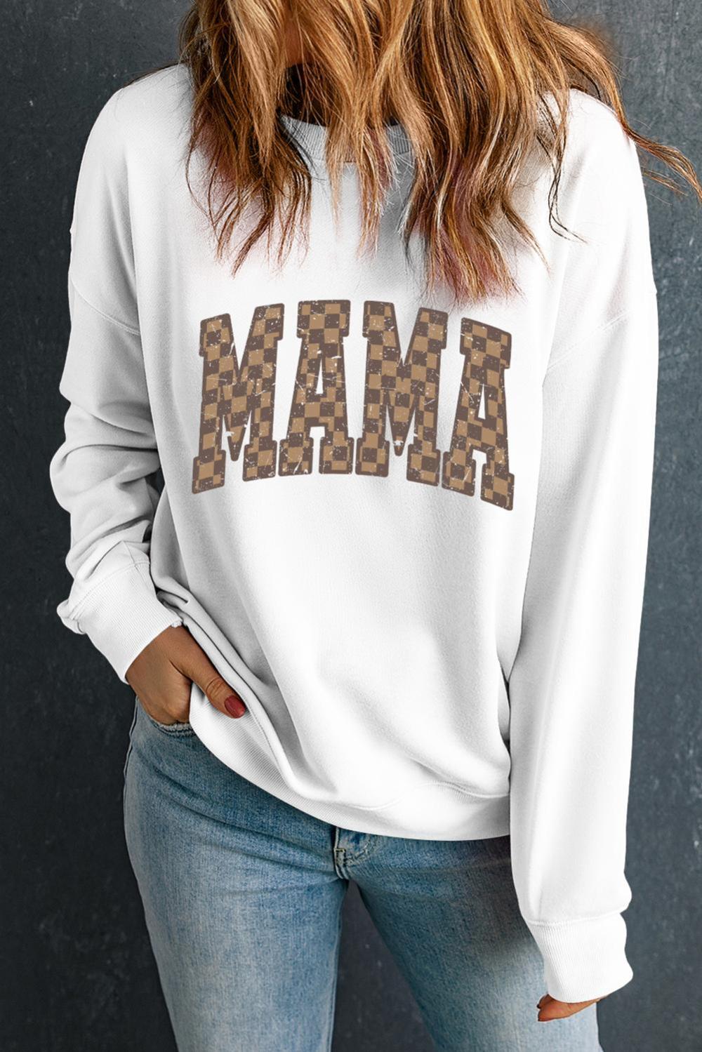 Women White Checkerboard Mama Graphic Drop Shoulder Sweatshirt | Sweatshirts - Image 3