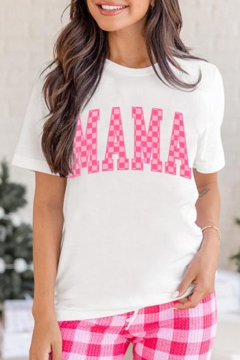 Women White Checkered Mama Letter Graphic T Shirt | Tees & Tanks