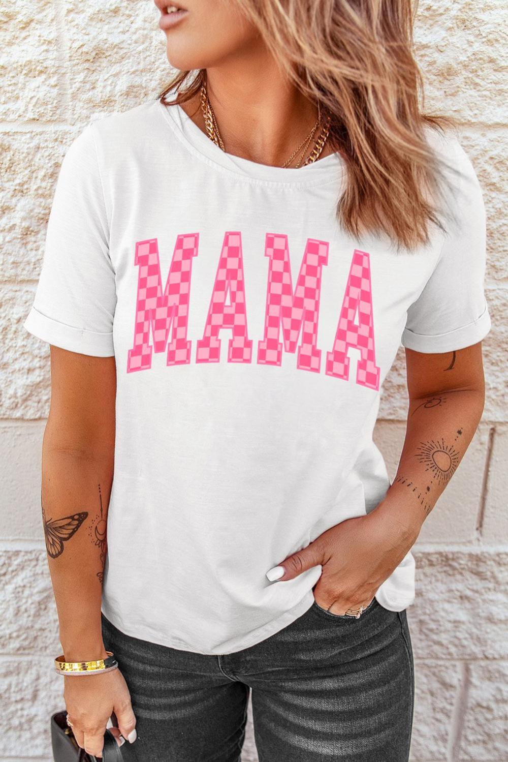 Women White Checkered Mama Letter Graphic T Shirt | Tees & Tanks - Image 2