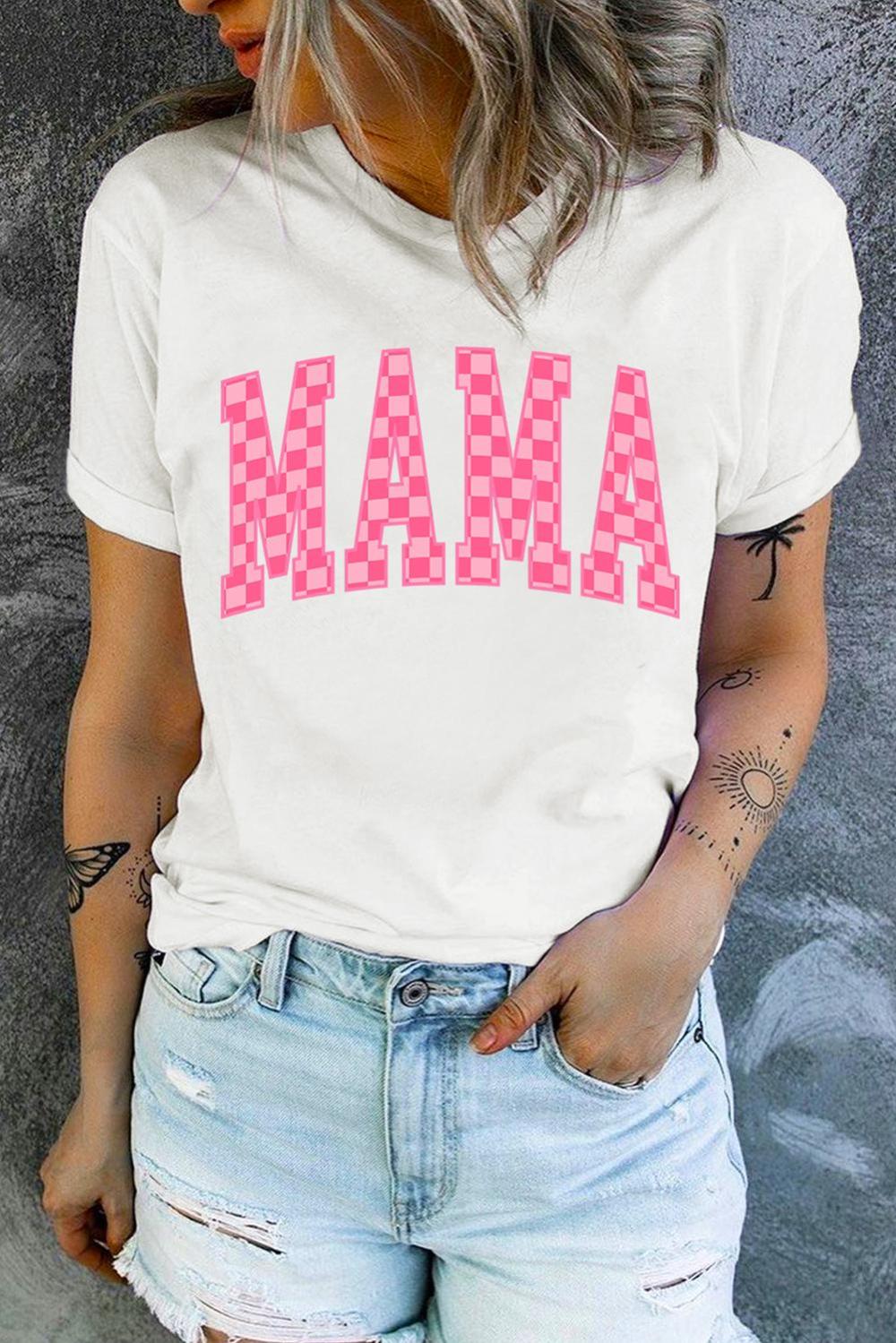 Women White Checkered Mama Letter Graphic T Shirt | Tees & Tanks - Image 3