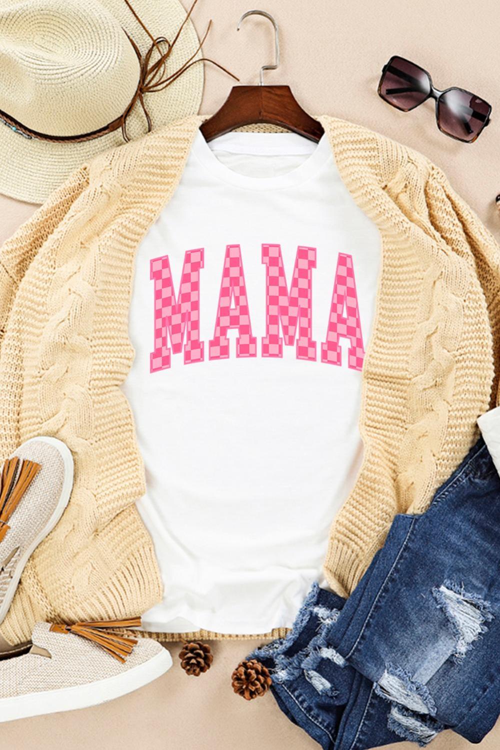 Women White Checkered Mama Letter Graphic T Shirt | Tees & Tanks - Image 4
