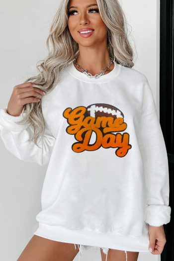 Women White Chenille Game Day Rugby Football Pattern Pullover Sweatshirt | Sweatshirts
