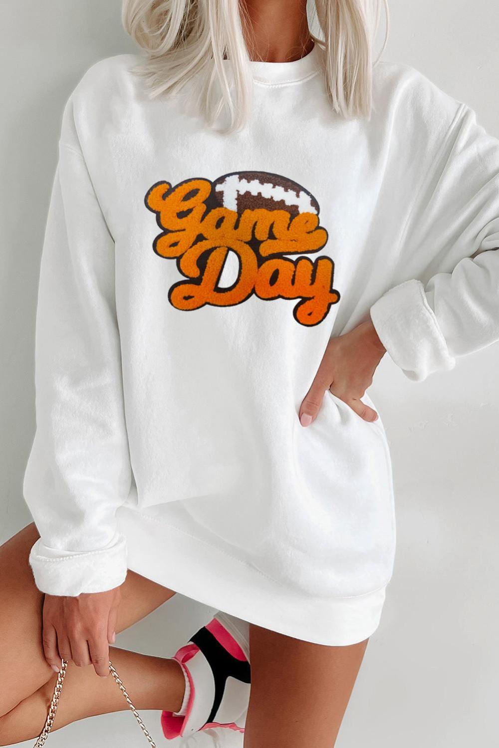 Women White Chenille Game Day Rugby Football Pattern Pullover Sweatshirt | Sweatshirts - Image 2