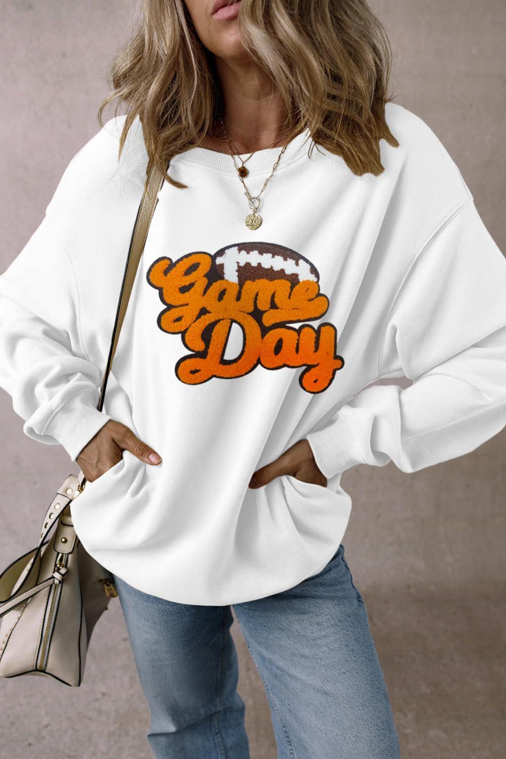 Women White Chenille Game Day Rugby Football Pattern Pullover Sweatshirt | Sweatshirts - Image 3
