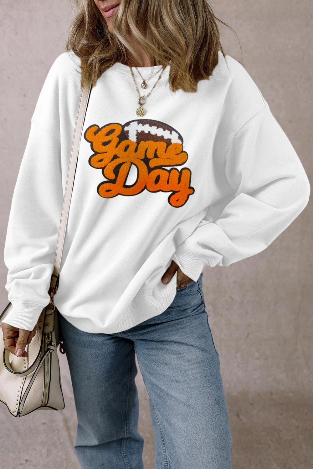Women White Chenille Game Day Rugby Football Pattern Pullover Sweatshirt | Sweatshirts - Image 4