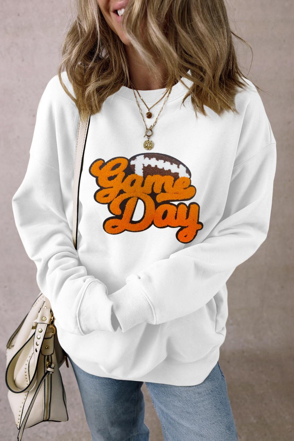 Women White Chenille Game Day Rugby Football Pattern Pullover Sweatshirt | Sweatshirts - Image 5